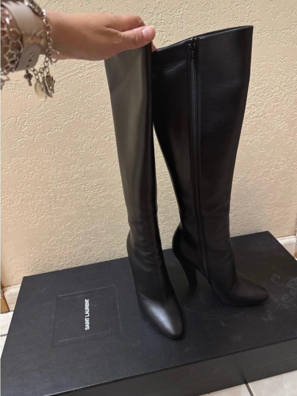 Saint Laurent Black Leather Over-the-Knee Pointed-Toe Boots